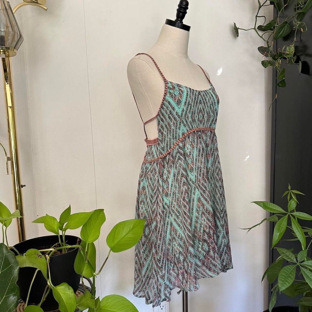 Free People Teal Geometric Braided Strap Babydoll Mini Dress XS